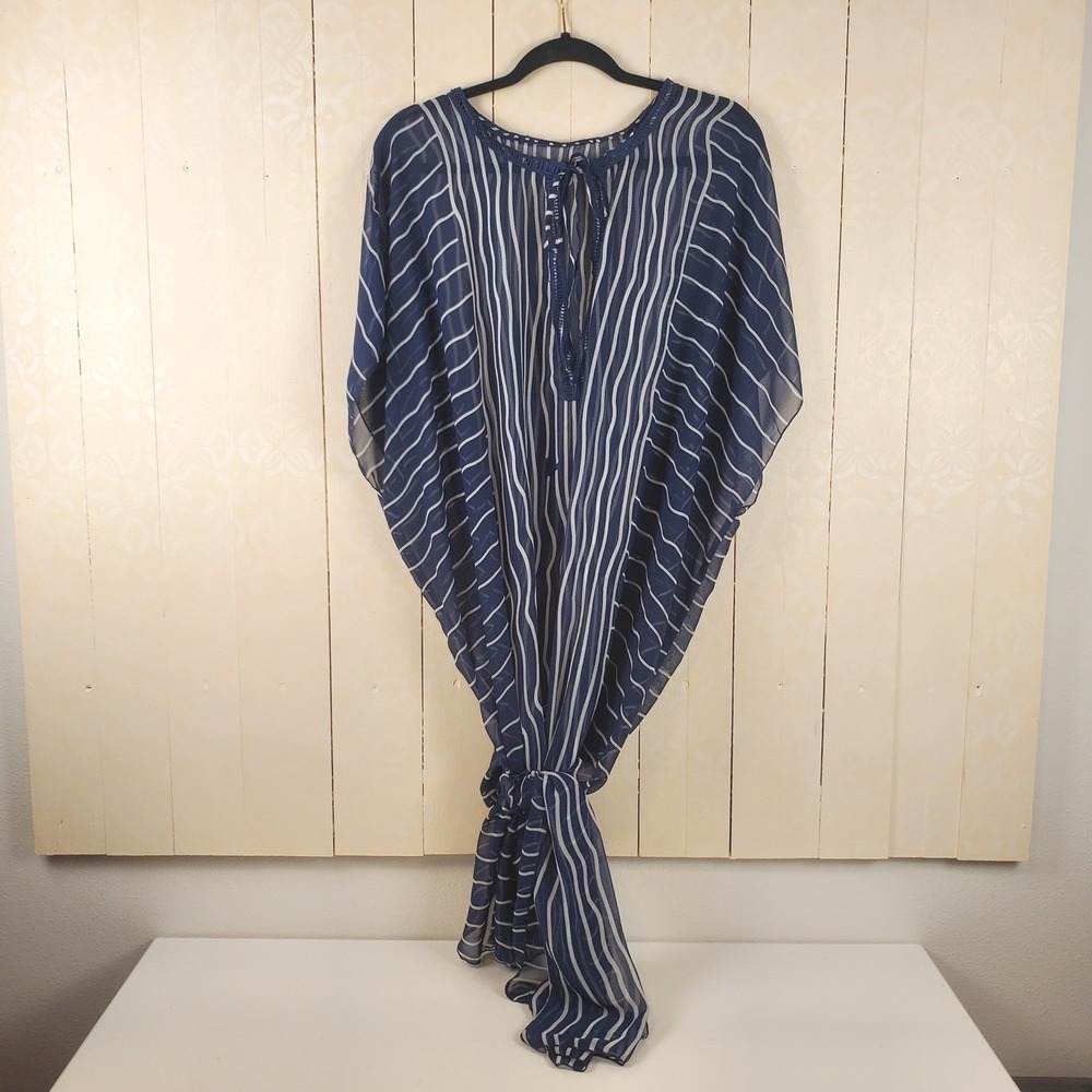Navy Blue Kaftan Cover Up Womens OS Plus White Striped Side Slit Maxi